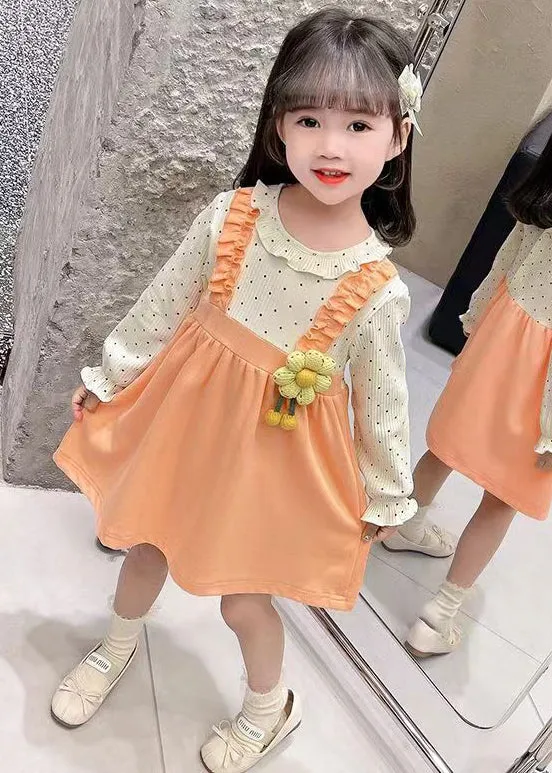 Cute Orange Ruffled False Two Pieces Cotton Girls Dress Fall XZ062