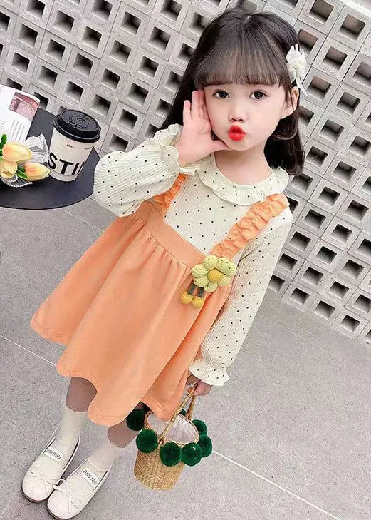 Cute Orange Ruffled False Two Pieces Cotton Girls Dress Fall XZ062