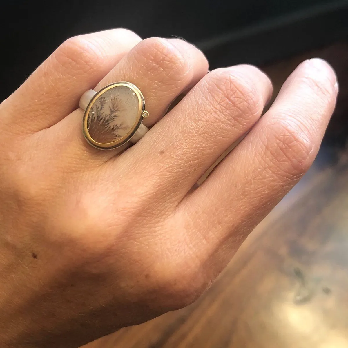 Dendritic Agate Ring with Diamond Dot