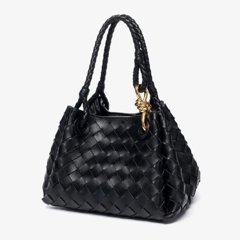 Double-Sided Weaving Noir Woven Lambskin Leather Shoulder Bag with Braided Handle and Gold Accents