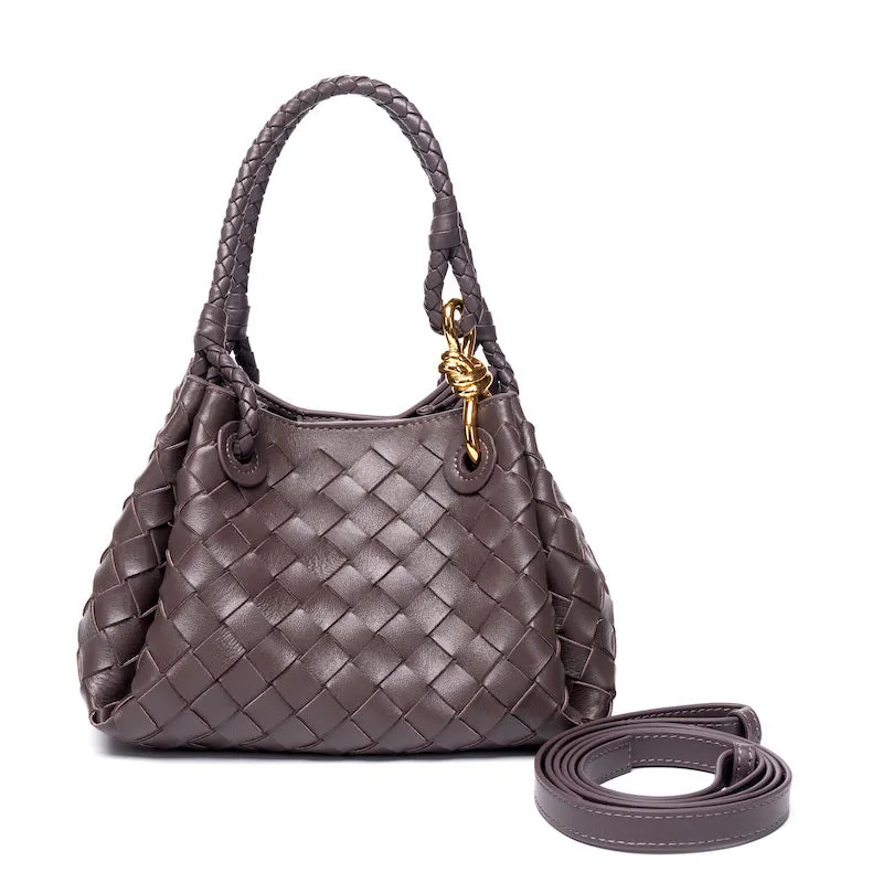 Double-Sided Weaving Noir Woven Lambskin Leather Shoulder Bag with Braided Handle and Gold Accents