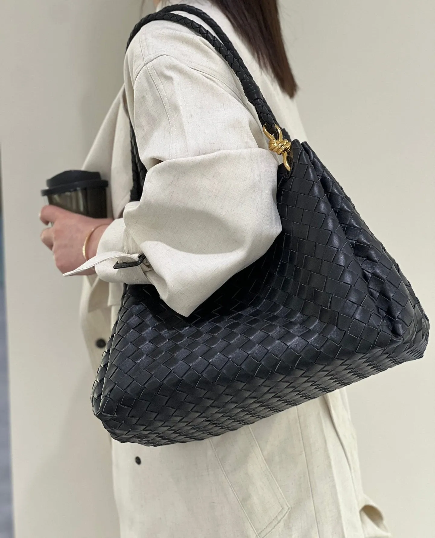 Double-Sided Weaving Noir Woven Lambskin Leather Shoulder Bag with Braided Handle and Gold Accents