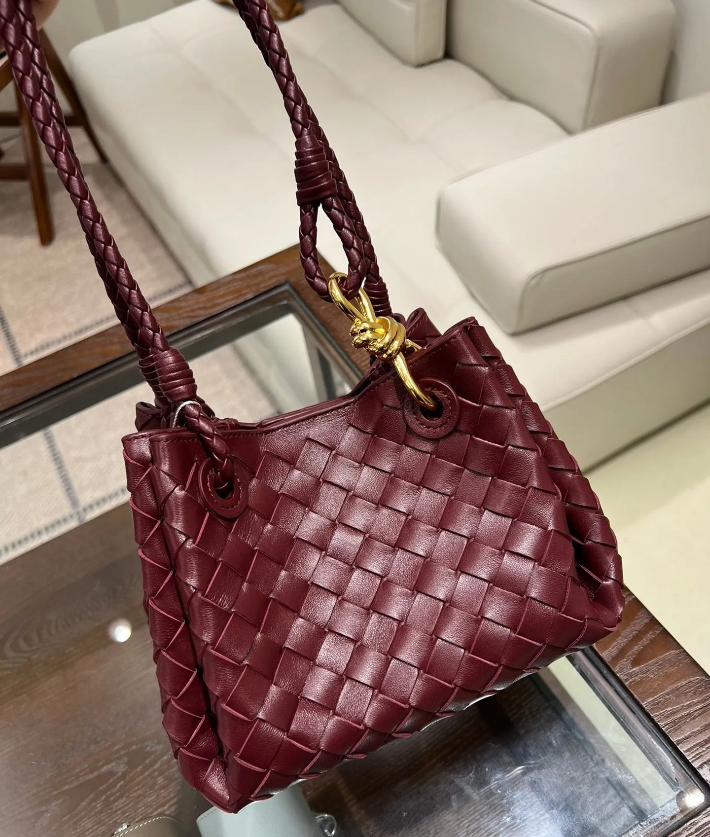 Double-Sided Weaving Noir Woven Lambskin Leather Shoulder Bag with Braided Handle and Gold Accents