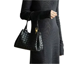 Double-Sided Weaving Noir Woven Lambskin Leather Shoulder Bag with Braided Handle and Gold Accents