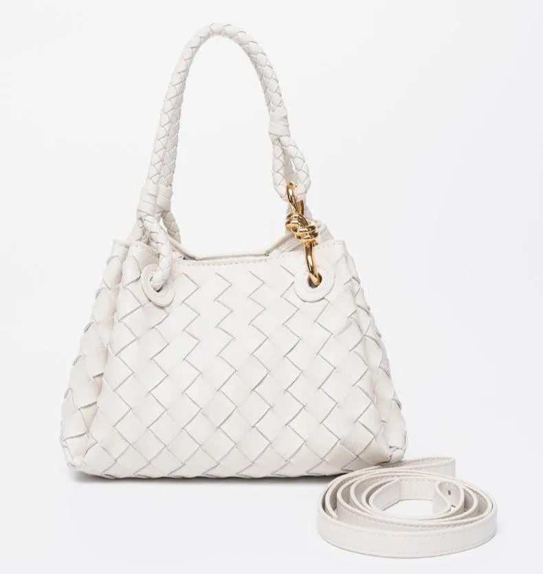 Double-Sided Weaving Noir Woven Lambskin Leather Shoulder Bag with Braided Handle and Gold Accents