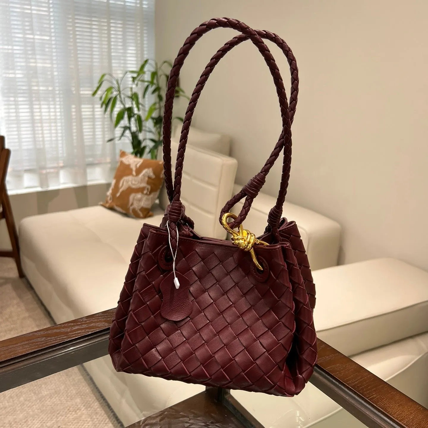 Double-Sided Weaving Noir Woven Lambskin Leather Shoulder Bag with Braided Handle and Gold Accents