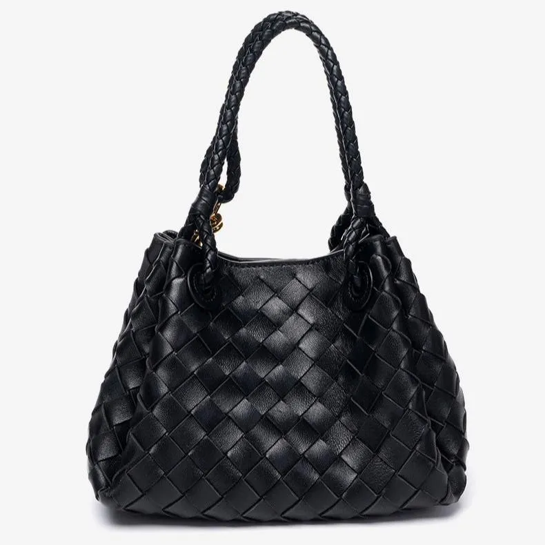 Double-Sided Weaving Noir Woven Lambskin Leather Shoulder Bag with Braided Handle and Gold Accents