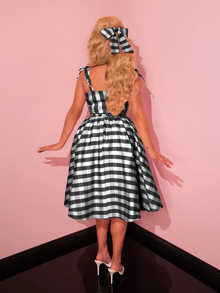 Dream-House Swing Dress and Matching Bow in Black Gingham - Vixen by Micheline Pitt