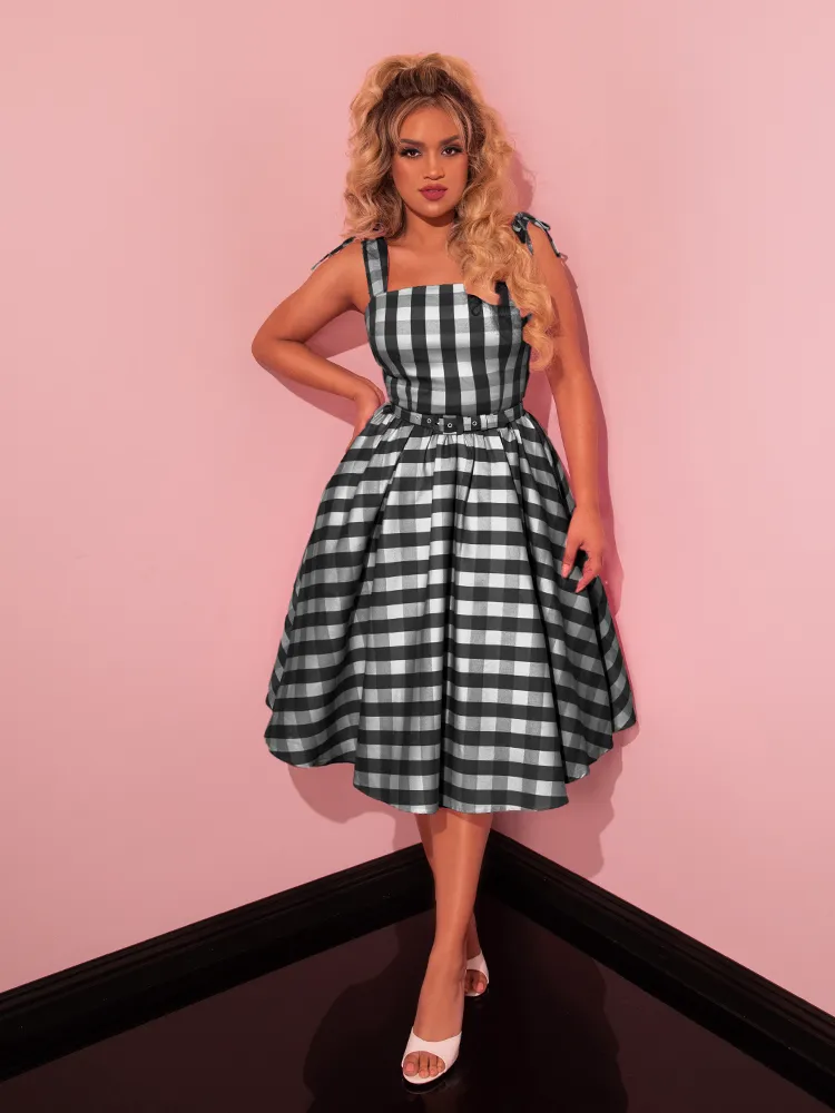 Dream-House Swing Dress and Matching Bow in Black Gingham - Vixen by Micheline Pitt