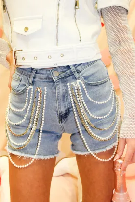 Elena Rhinestone & Pearl Denim Shorts