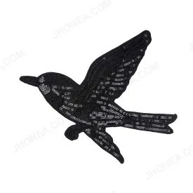 Flying Black Sparrow Sequins Embroidery Bird Patch