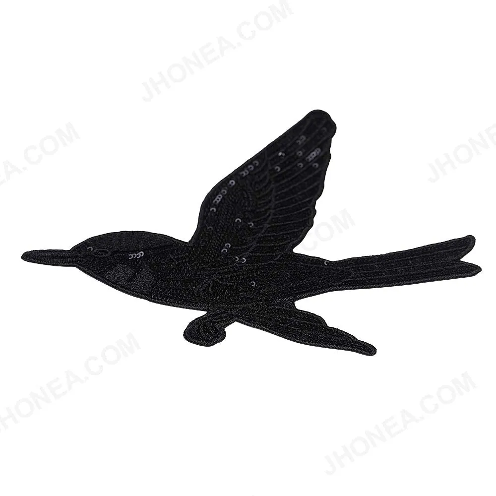 Flying Black Sparrow Sequins Embroidery Bird Patch