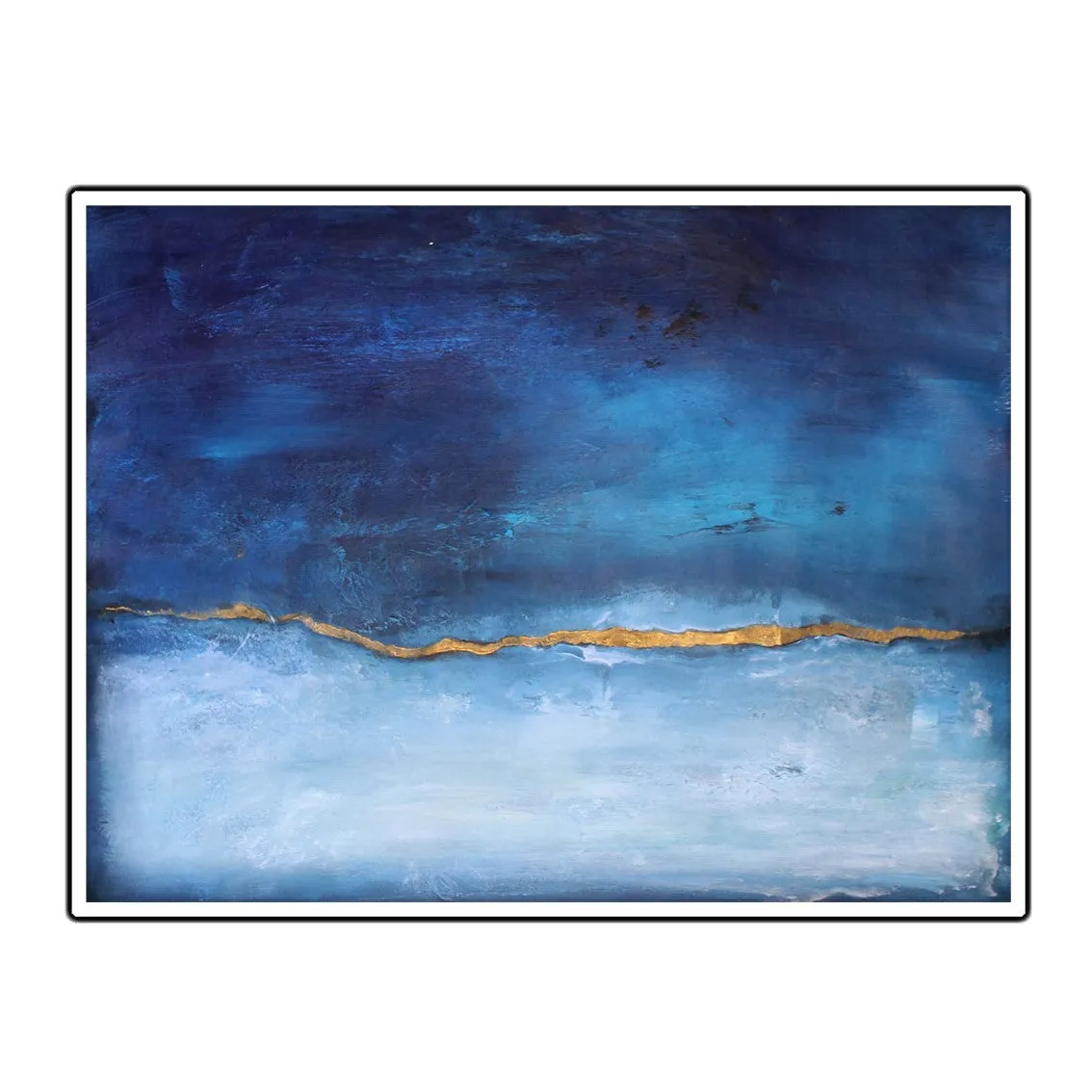 Framed horizontal sapphire blue & gold abstract wall art print