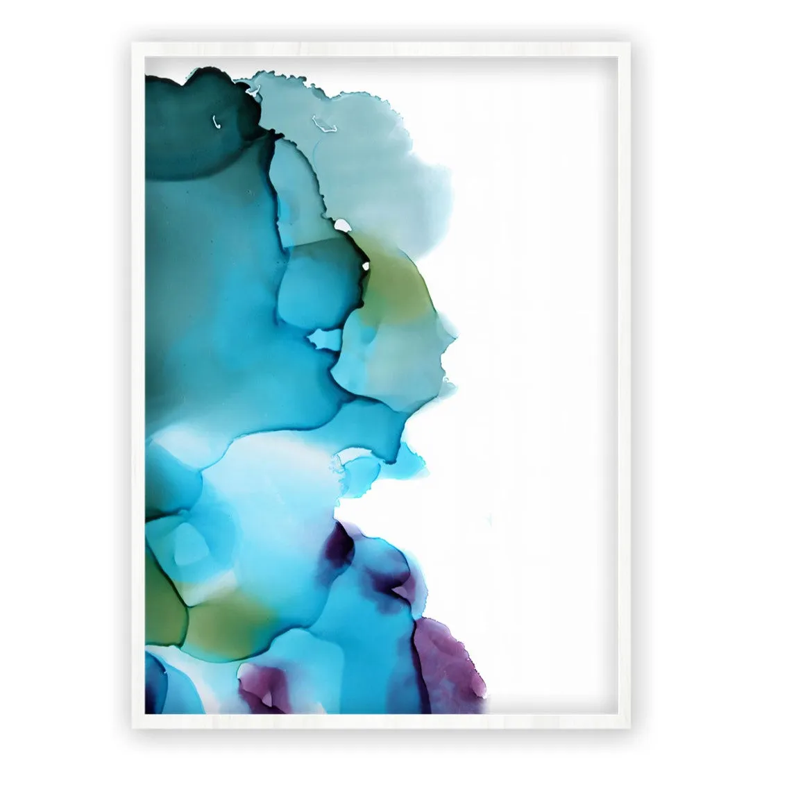 Framed vertical blue, purple & green abstract alcohol ink art print