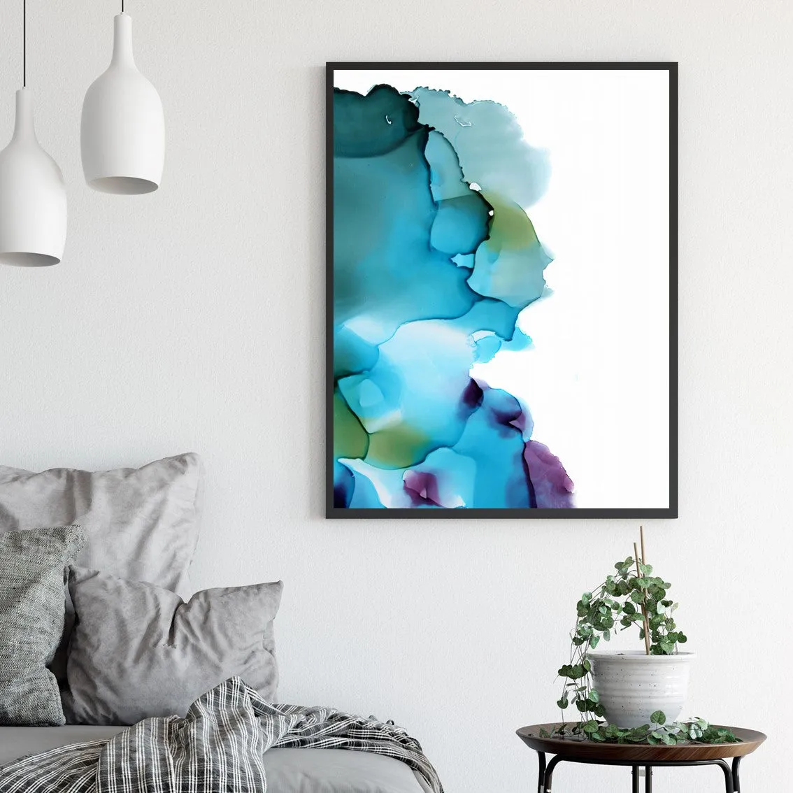 Framed vertical blue, purple & green abstract alcohol ink art print