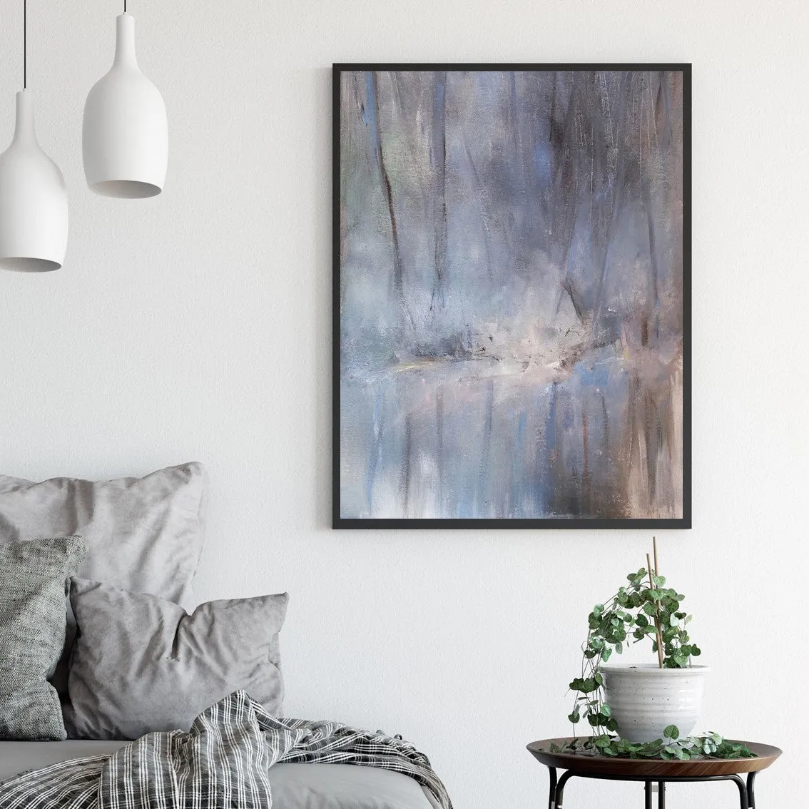 Framed vertical neutral & blue abstract landscape wall art print