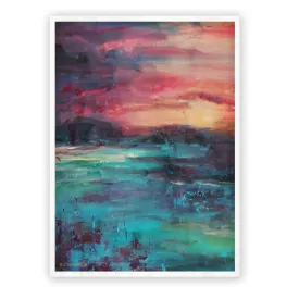 Framed vertical pink & teal green abstract landscape wall art print