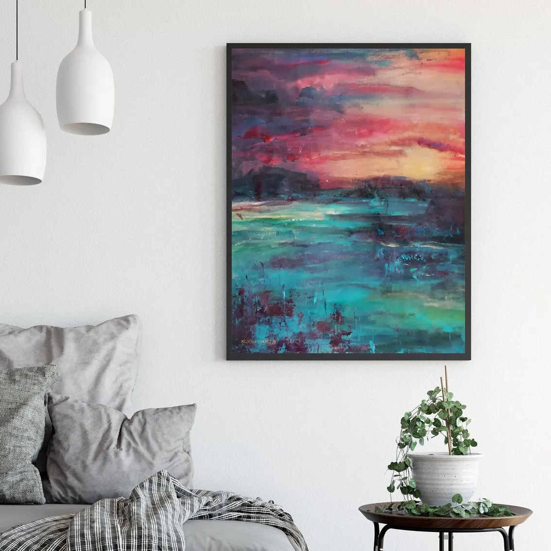 Framed vertical pink & teal green abstract landscape wall art print