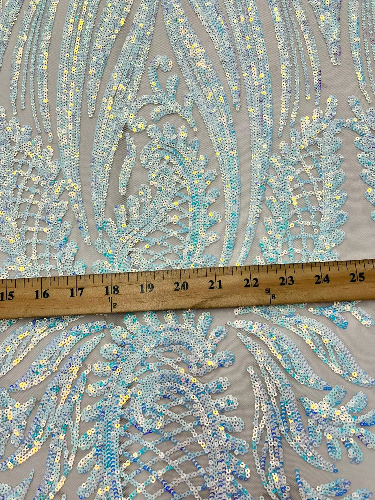 Geometric 4 Way Stretch Sequin Fabric | Baby Blue | Embroidered Fabric