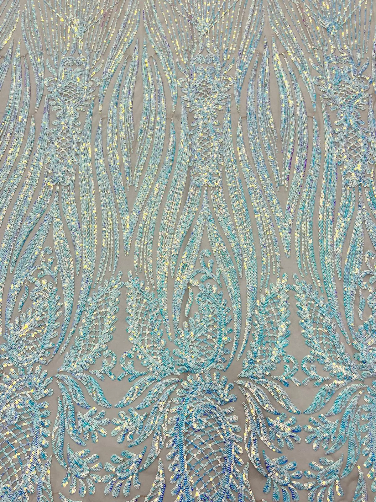 Geometric 4 Way Stretch Sequin Fabric | Baby Blue | Embroidered Fabric