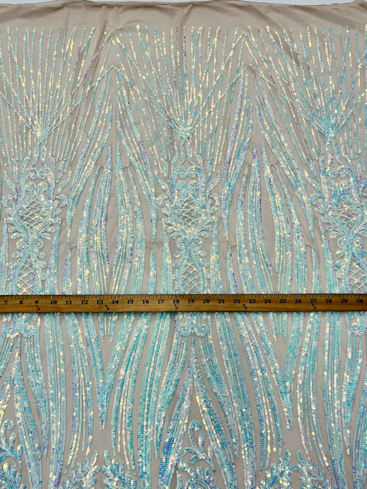 Geometric 4 Way Stretch Sequin Fabric | Baby Blue | Embroidered Fabric