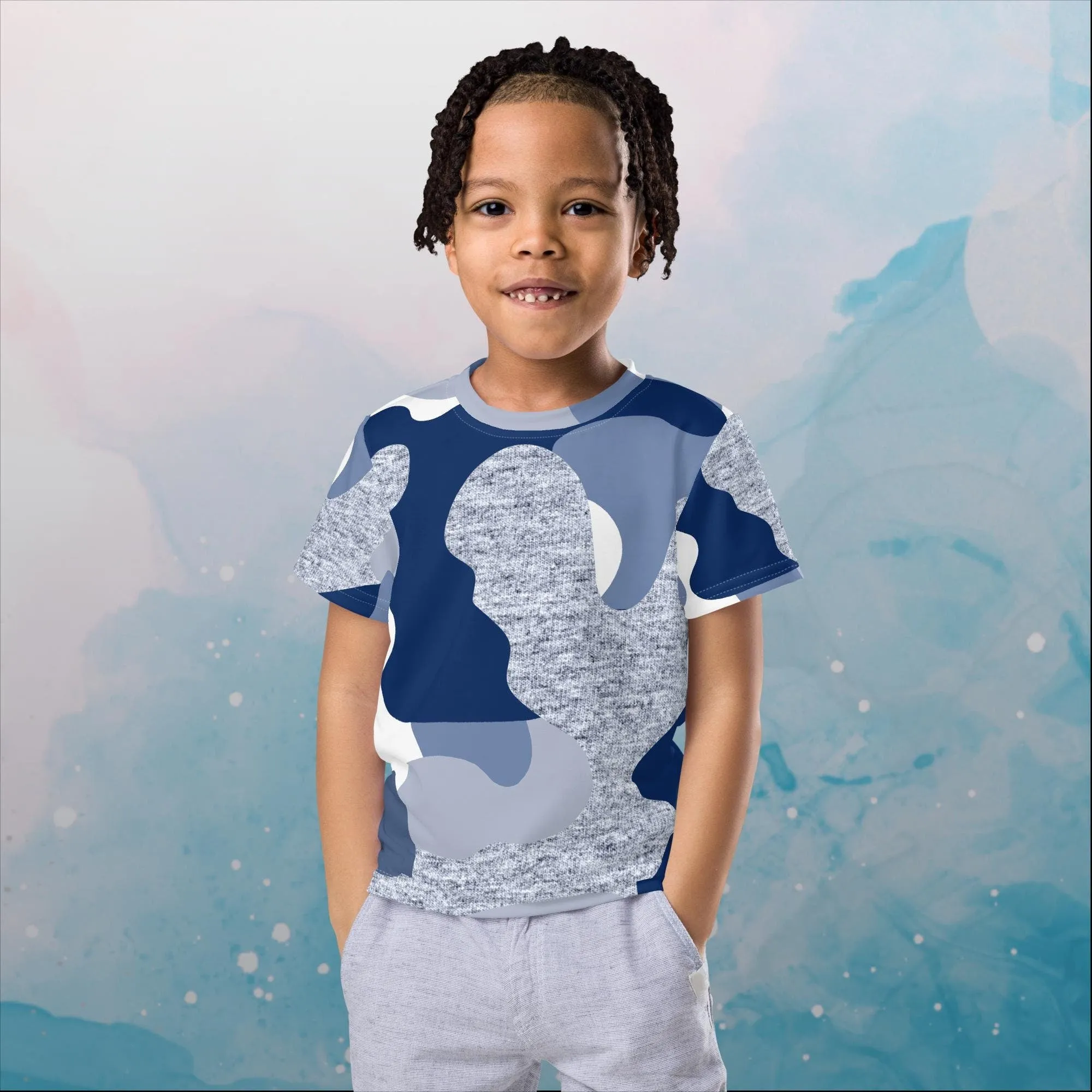 Giant Blue Camo Print Kids Crew Neck Tee Shirt