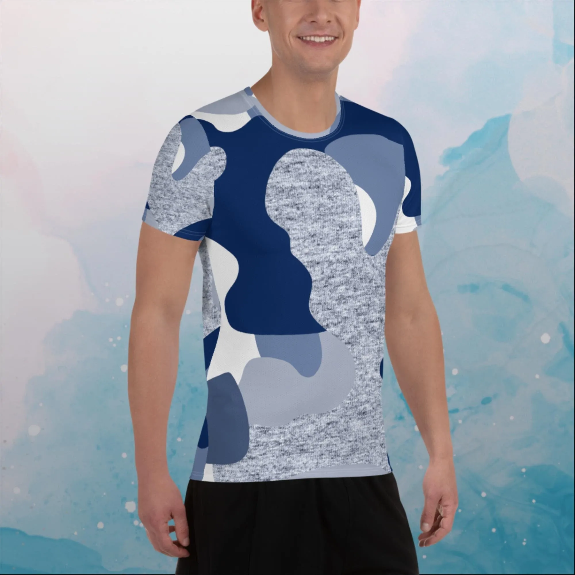 Giant Blue Camo Print Mens Athletic Tee Shirt