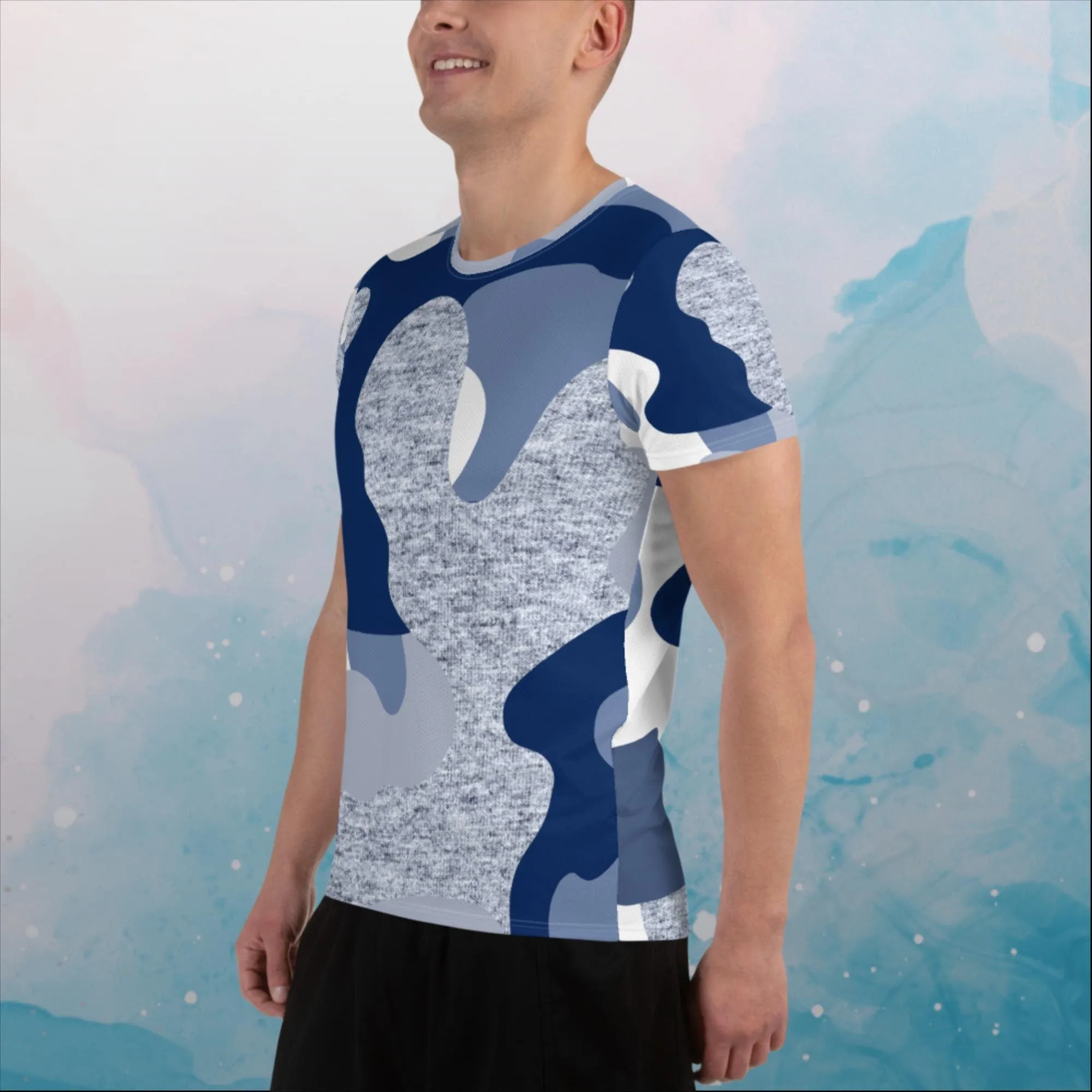 Giant Blue Camo Print Mens Athletic Tee Shirt