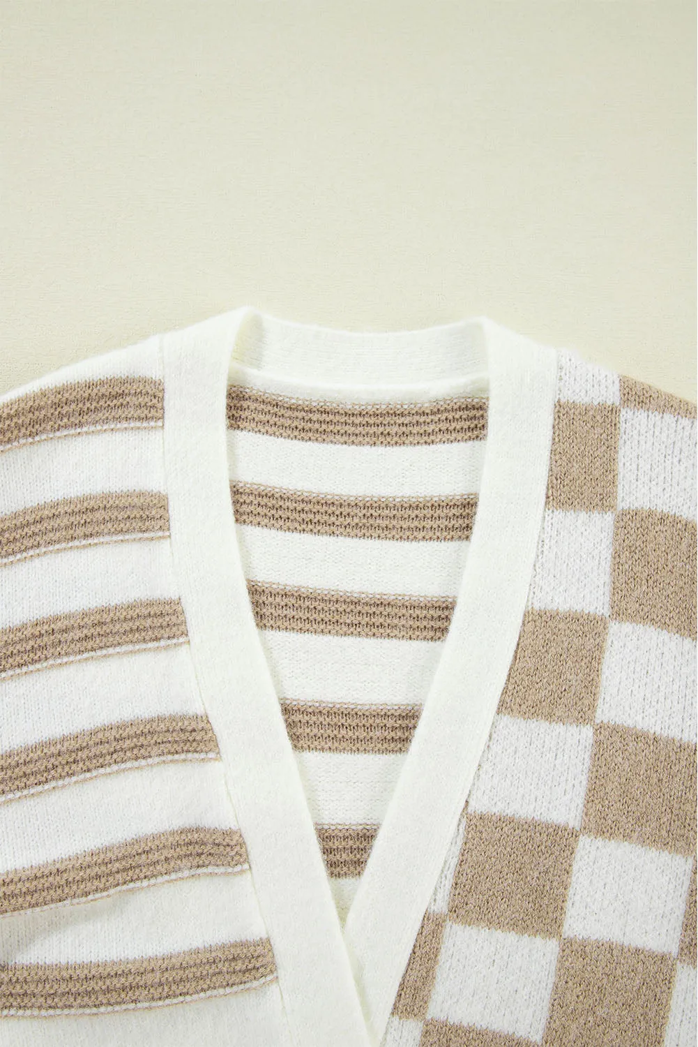 Gingham Striped Knitted Open Front Cardigan