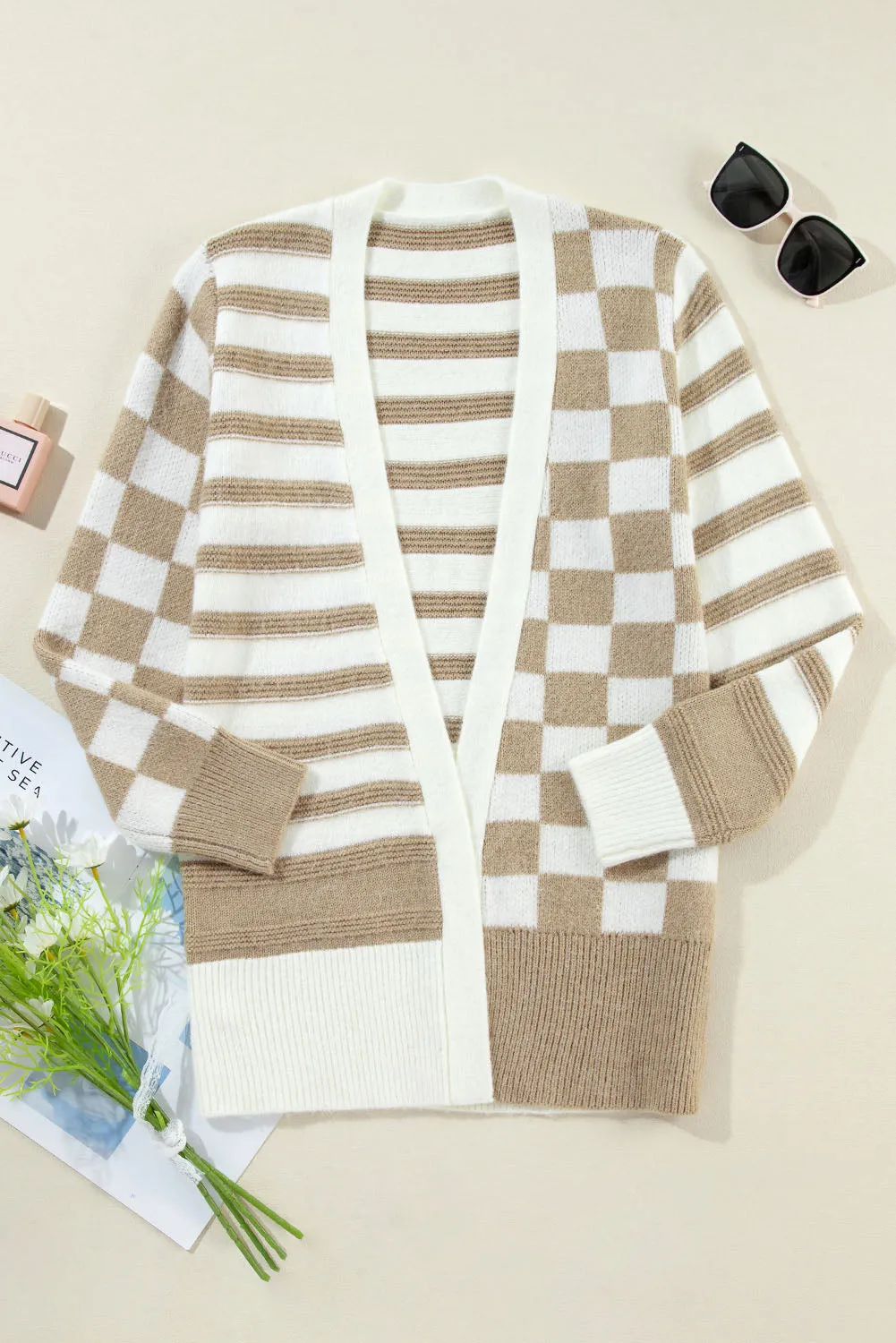 Gingham Striped Knitted Open Front Cardigan