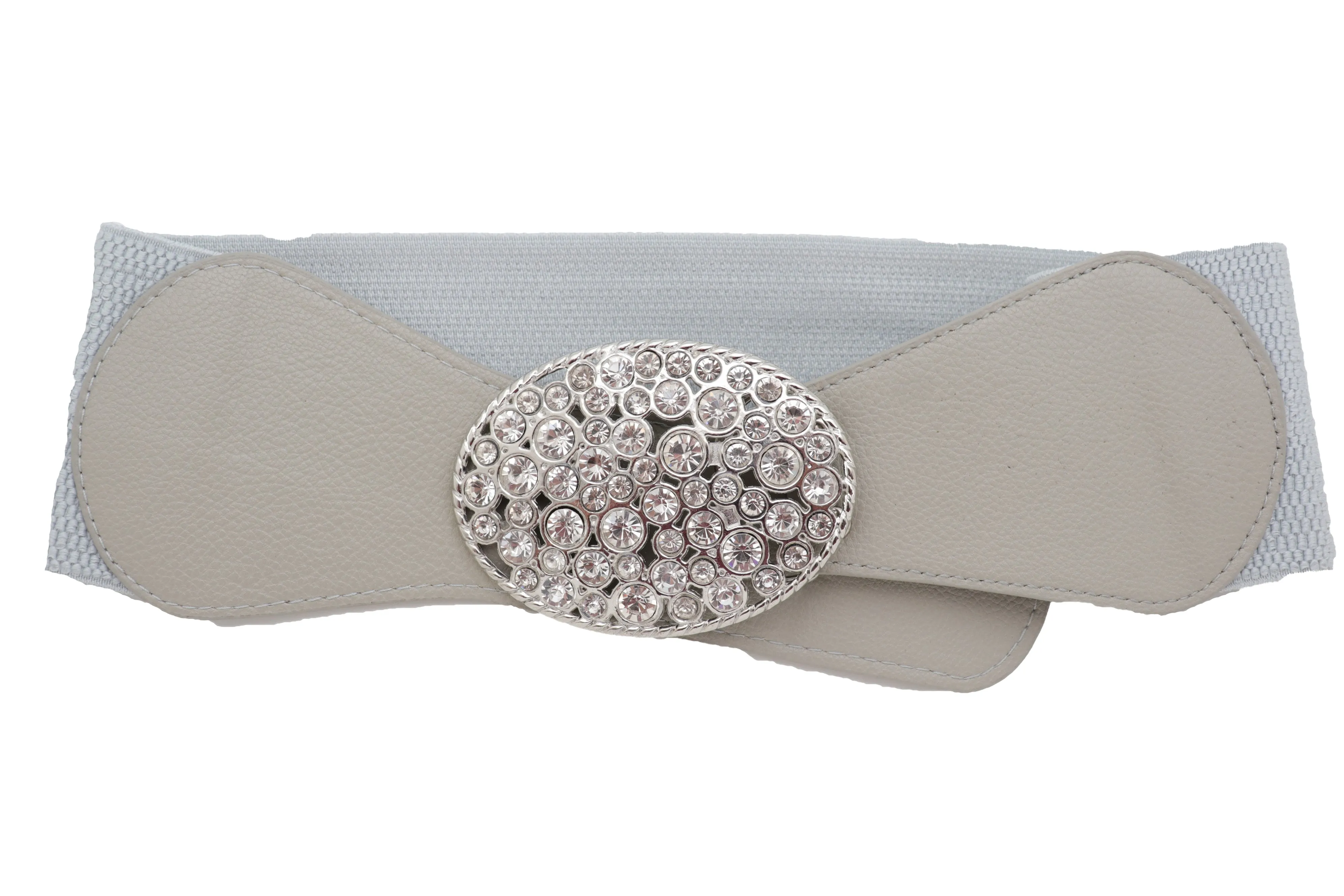 Gray Elastic Band Hip High Waist Fashion Belt Silver Bling Oval Buckle S M