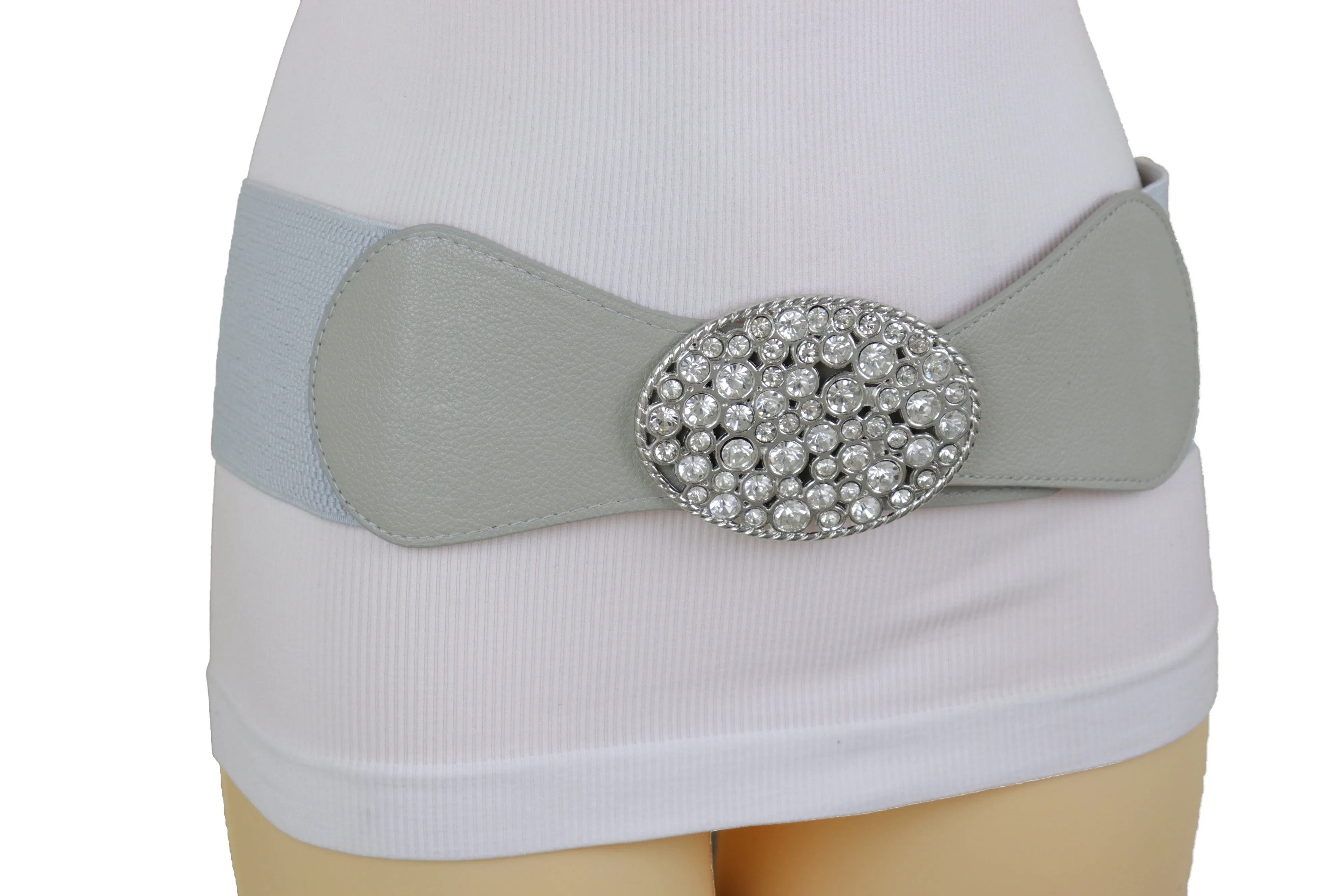 Gray Elastic Band Hip High Waist Fashion Belt Silver Bling Oval Buckle S M