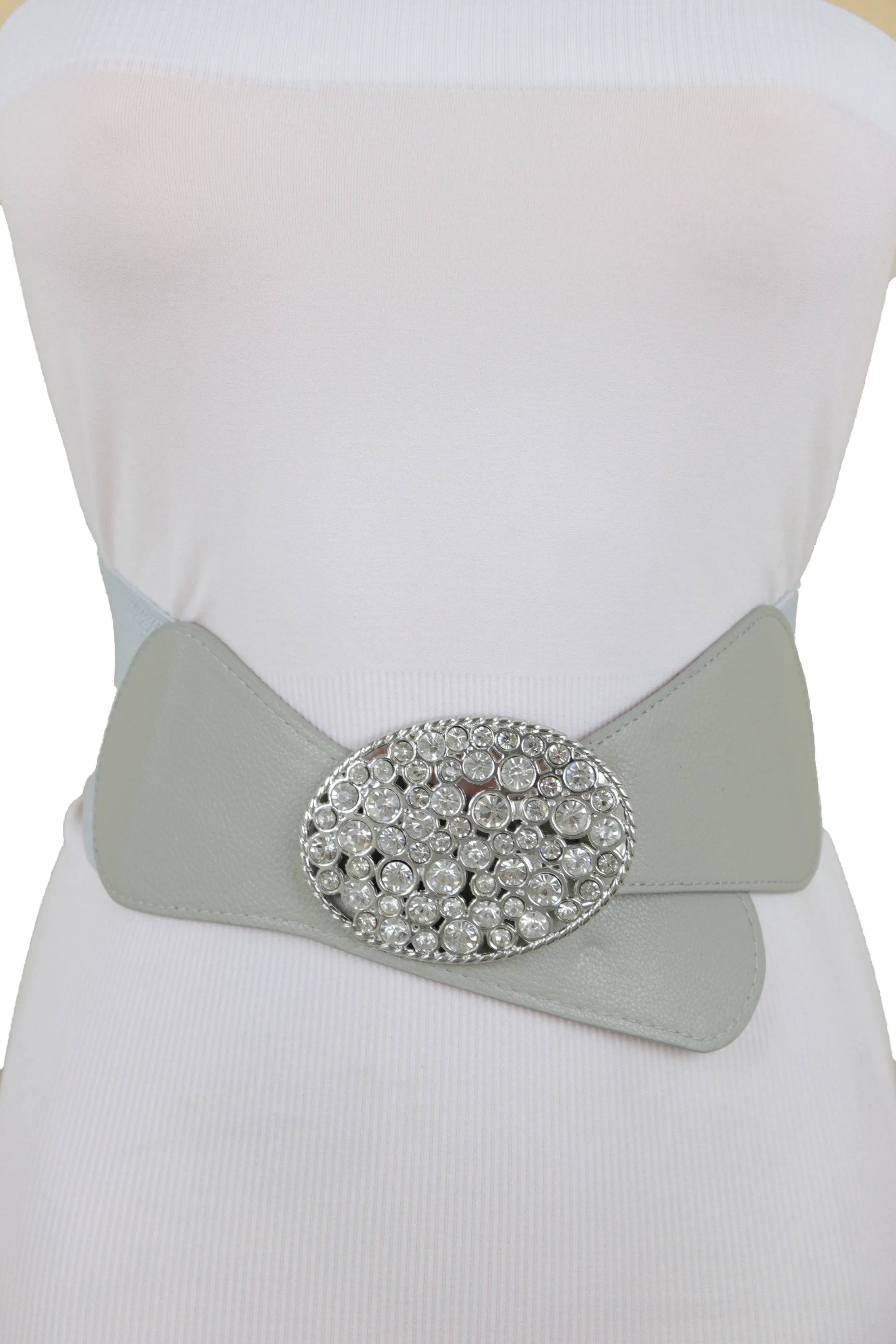 Gray Elastic Band Hip High Waist Fashion Belt Silver Bling Oval Buckle S M