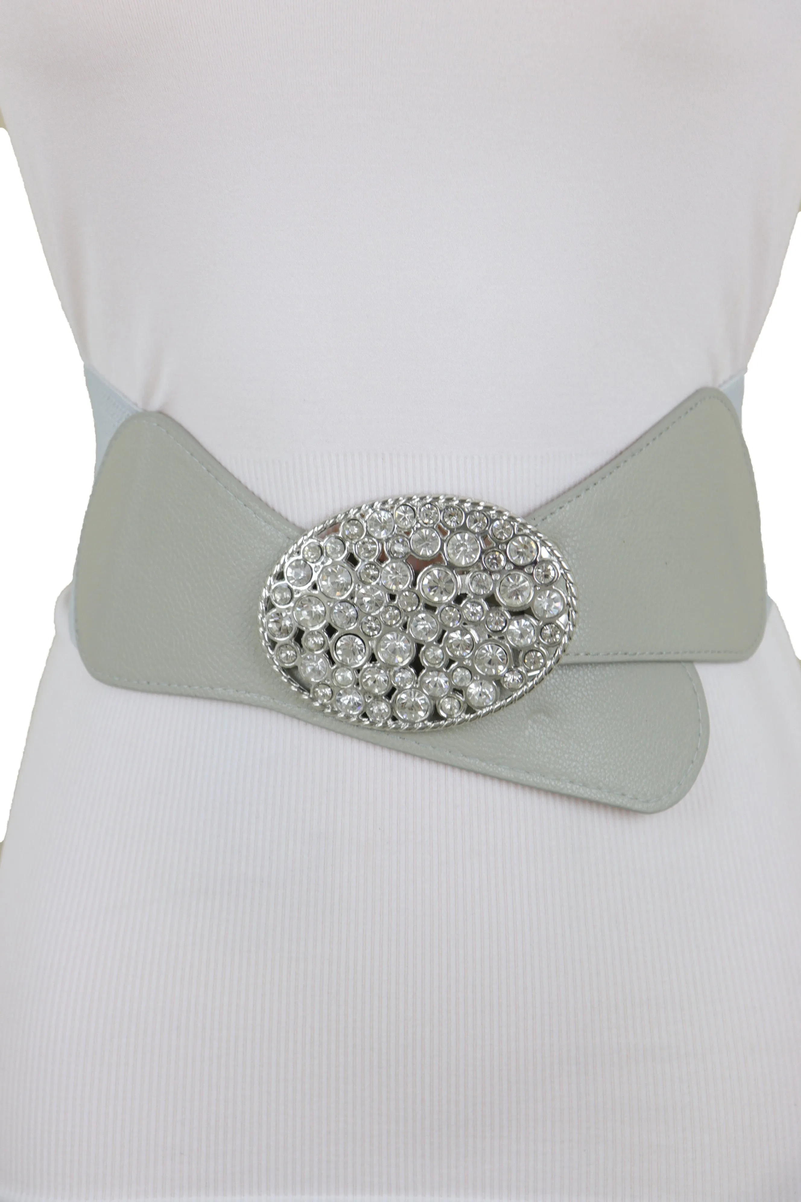 Gray Elastic Band Hip High Waist Fashion Belt Silver Bling Oval Buckle S M