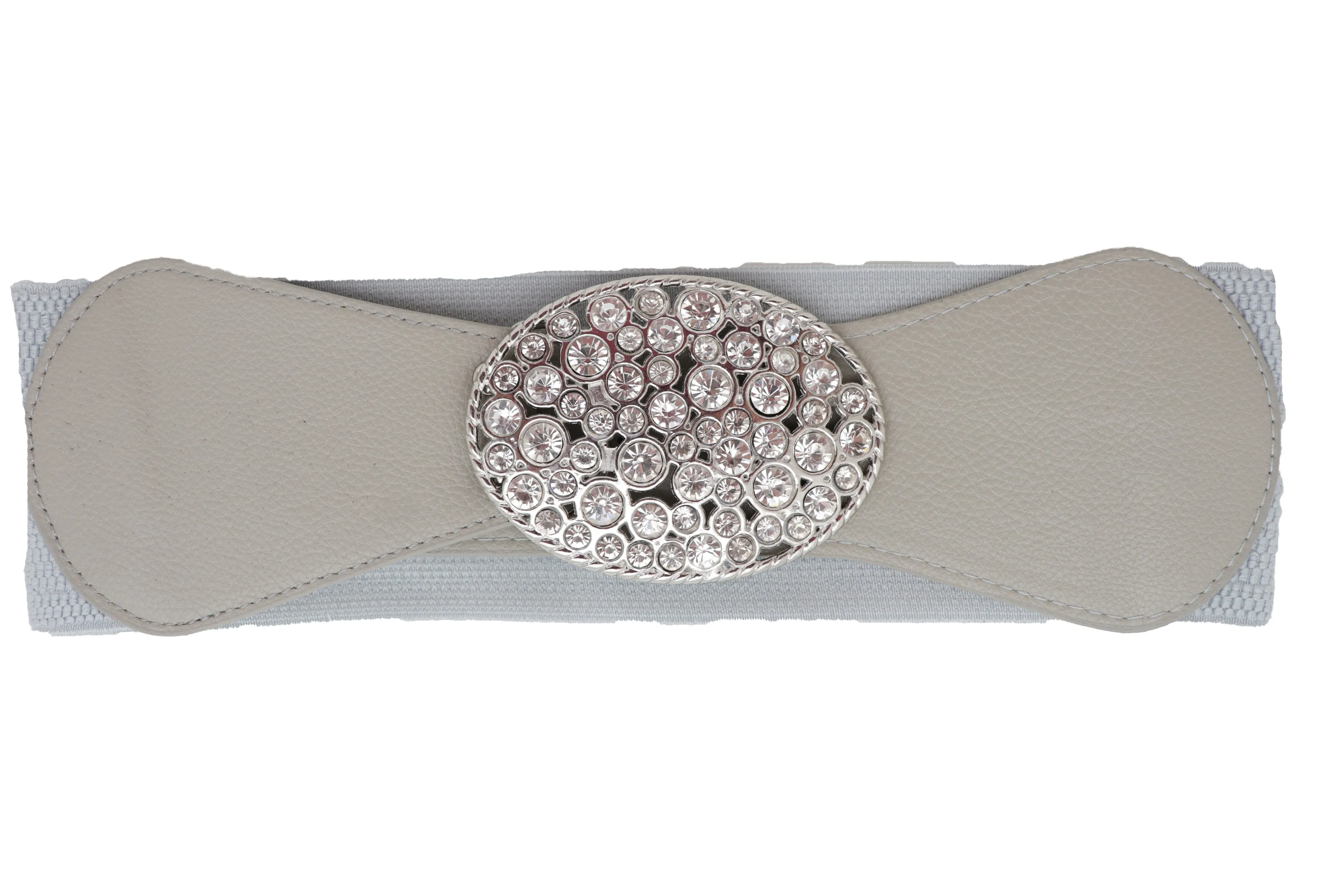 Gray Elastic Band Hip High Waist Fashion Belt Silver Bling Oval Buckle S M