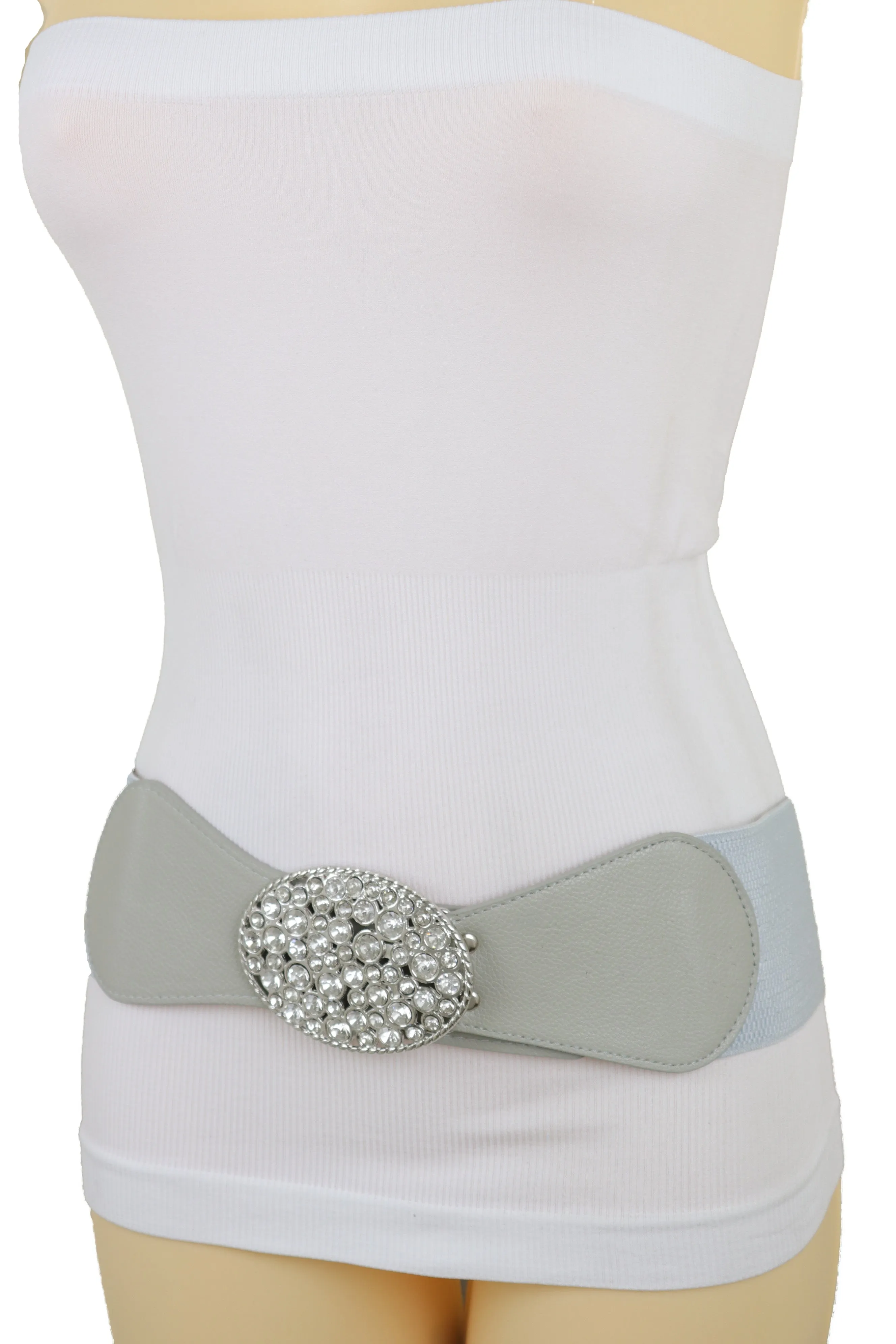 Gray Elastic Band Hip High Waist Fashion Belt Silver Bling Oval Buckle S M