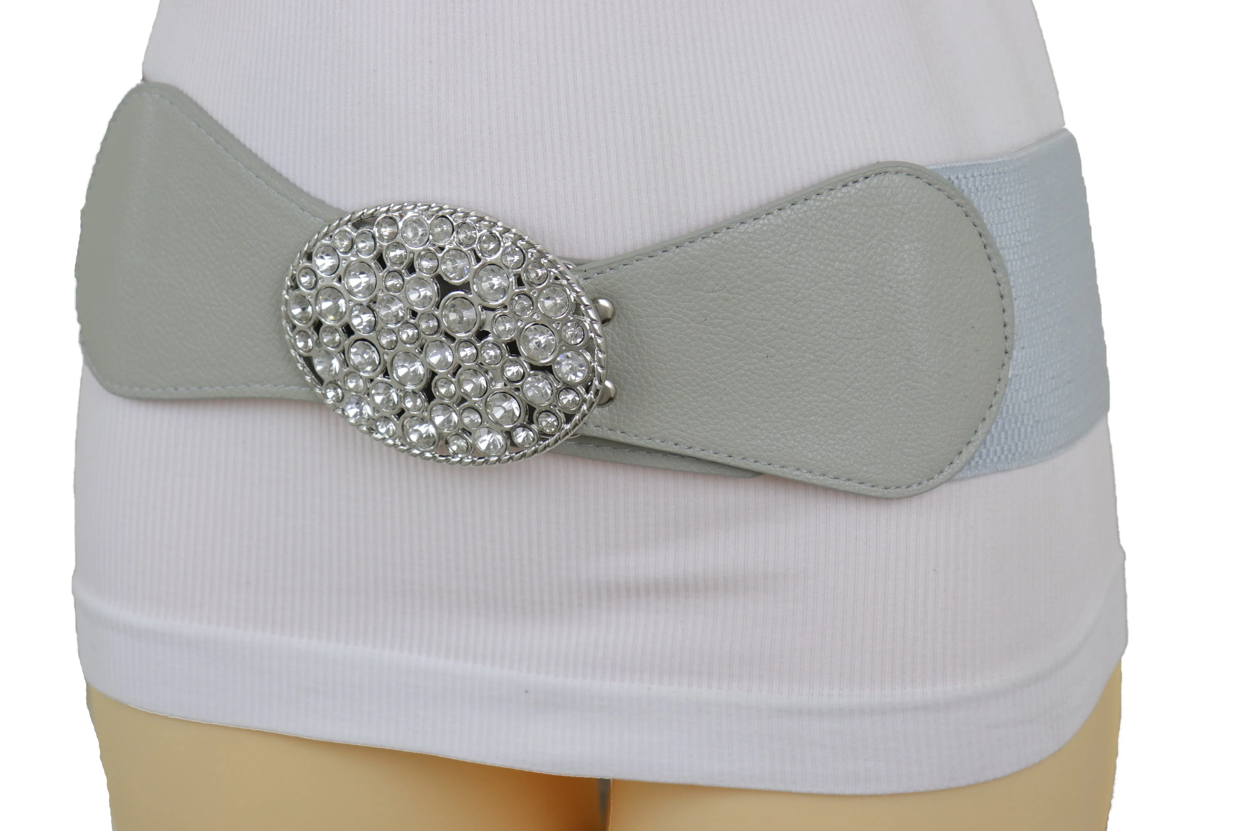 Gray Elastic Band Hip High Waist Fashion Belt Silver Bling Oval Buckle S M