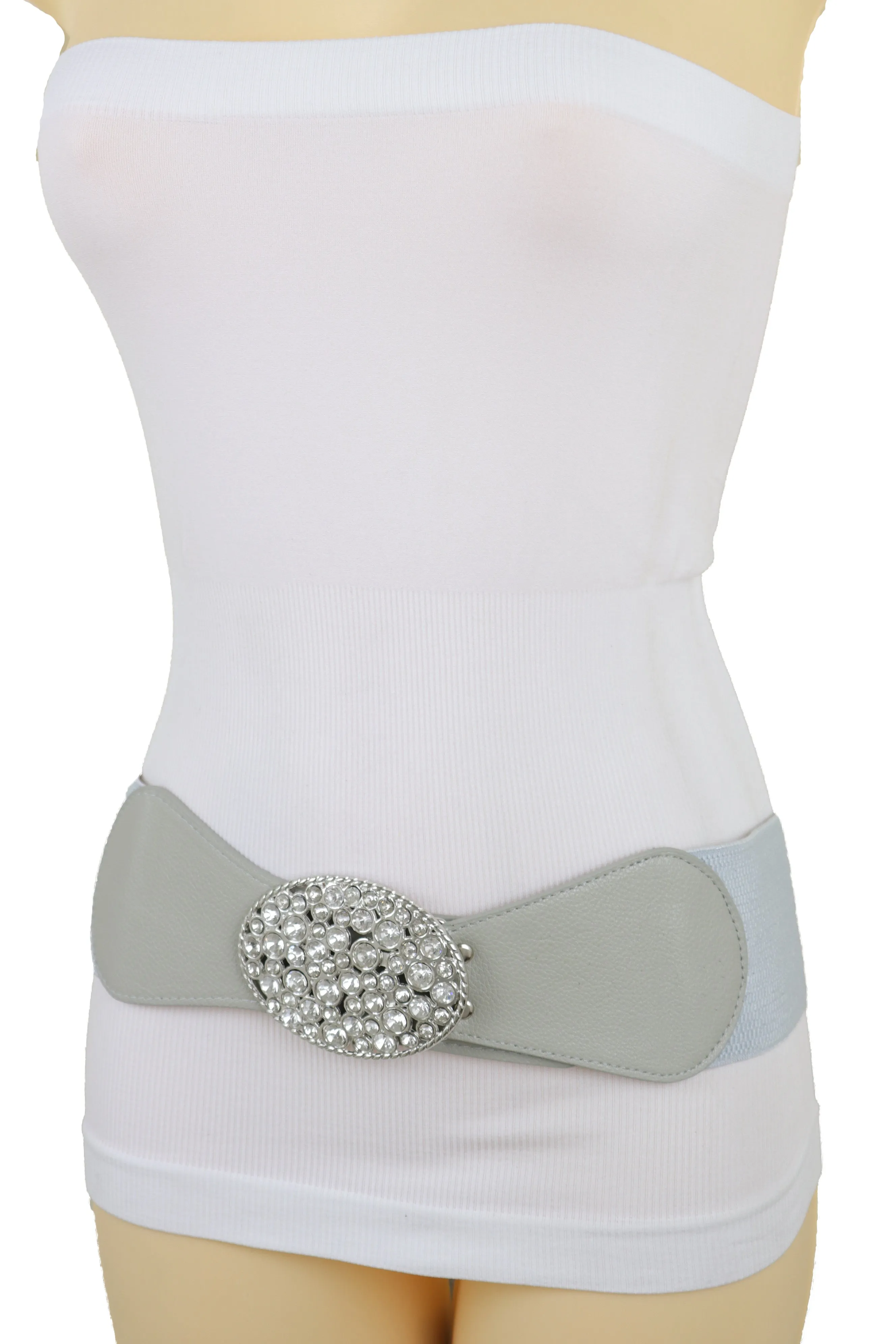 Gray Elastic Band Hip High Waist Fashion Belt Silver Bling Oval Buckle S M