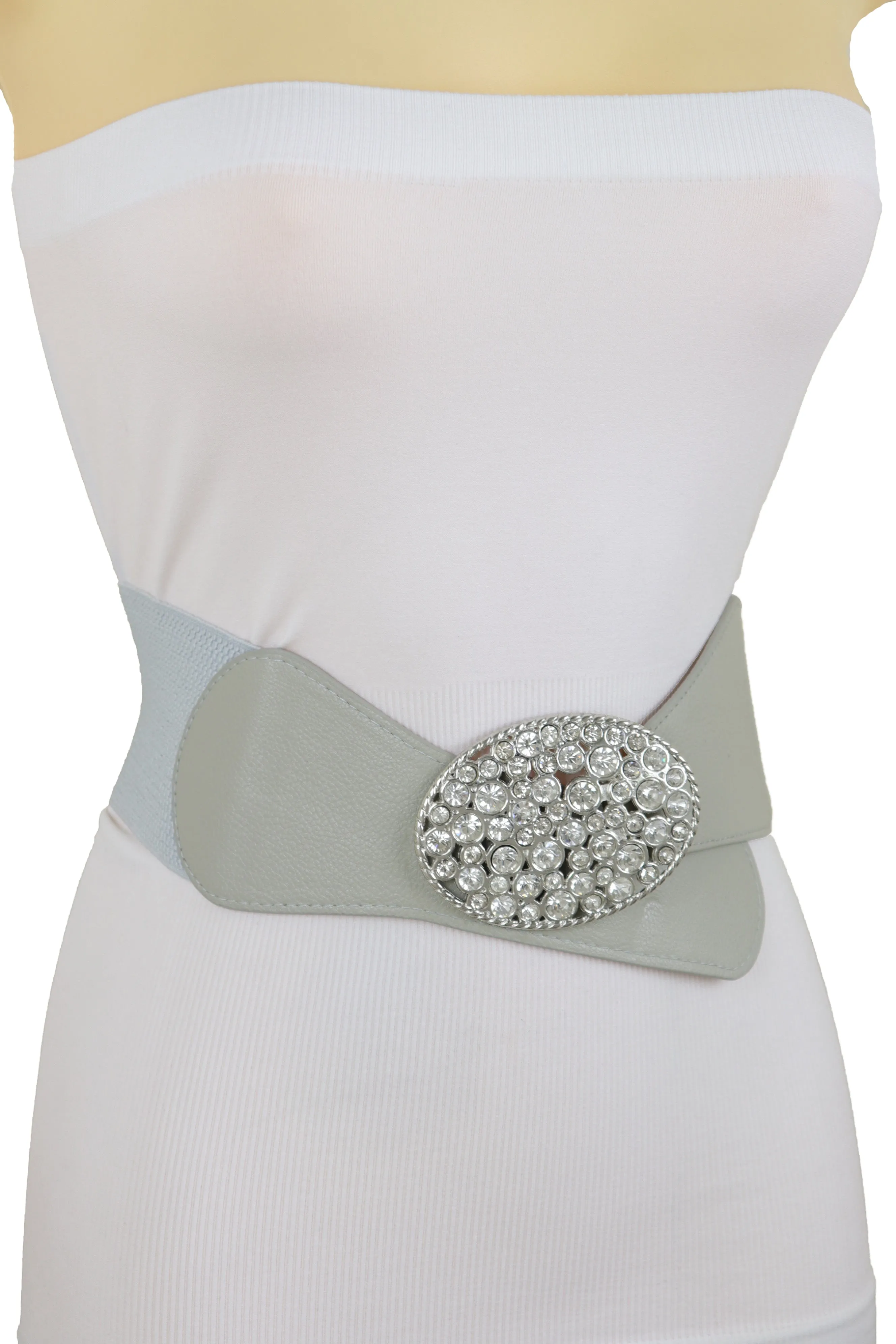 Gray Elastic Band Hip High Waist Fashion Belt Silver Bling Oval Buckle S M