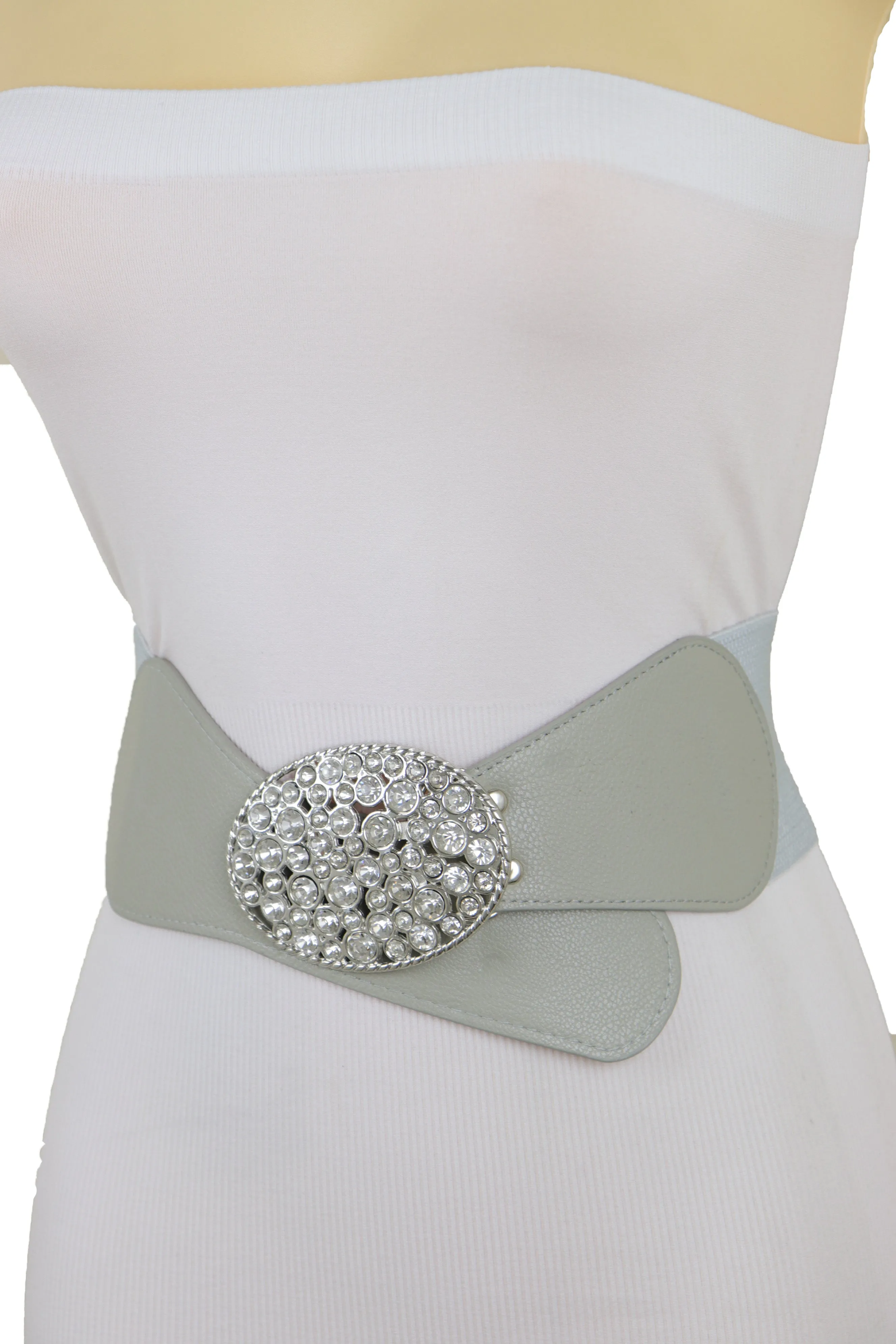 Gray Elastic Band Hip High Waist Fashion Belt Silver Bling Oval Buckle S M