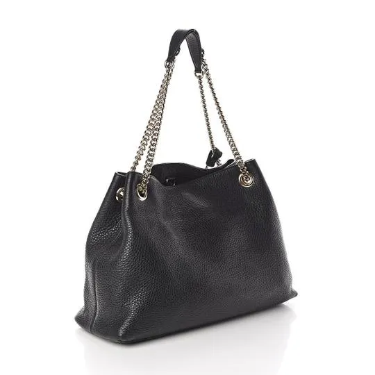 Gucci Soho Pebbled Calfskin Chain Black Leather Tote