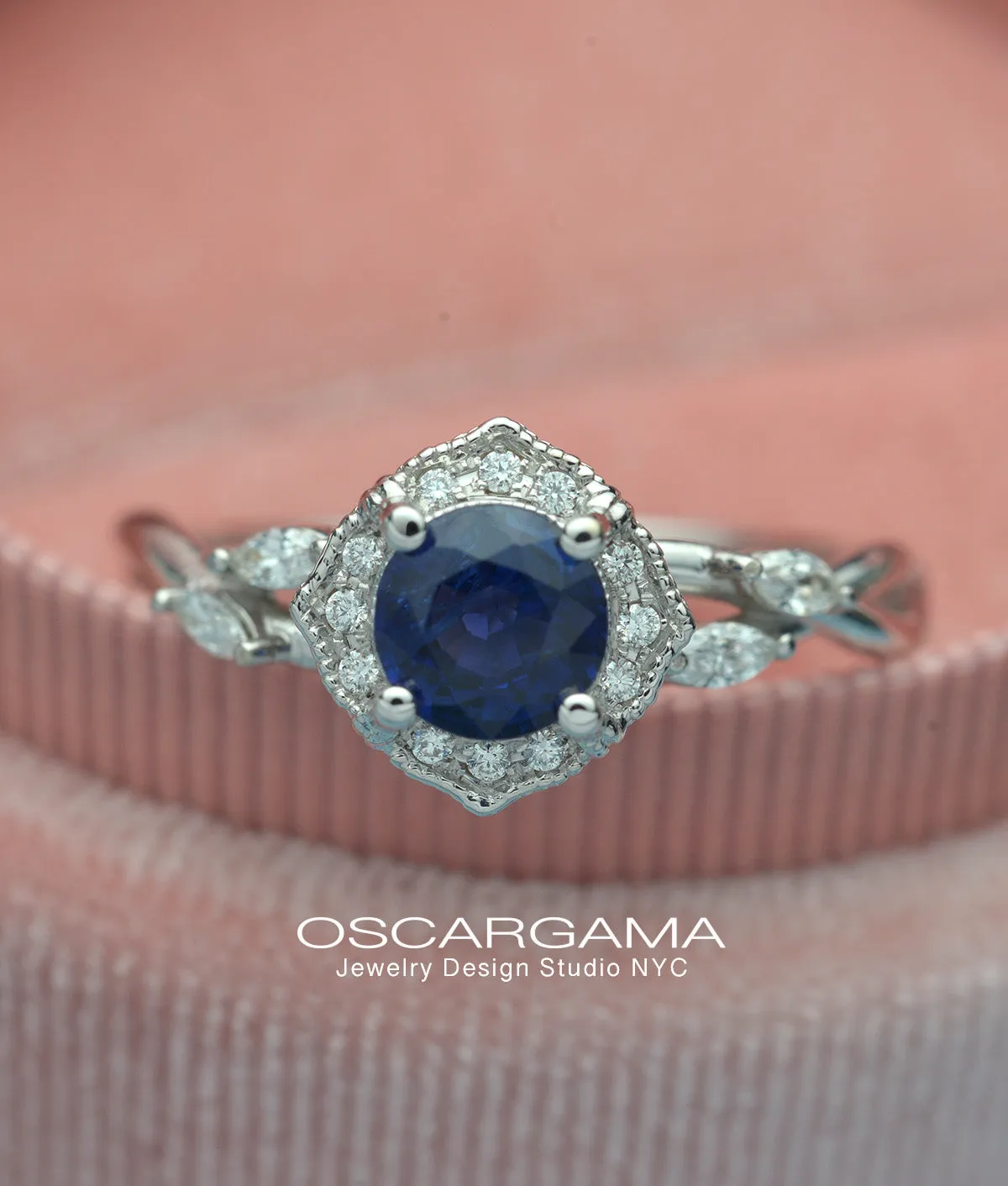 Haydee Vine Blue Sapphire / Aqua Marine / Pink Morganite Halo Engagement Ring with Marquise Diamonds