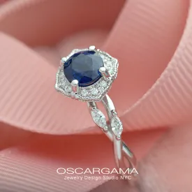 Haydee Vine Blue Sapphire / Aqua Marine / Pink Morganite Halo Engagement Ring with Marquise Diamonds