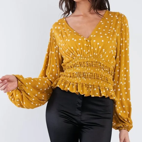 Illustrator Polka Dot Peplum Top Mustard