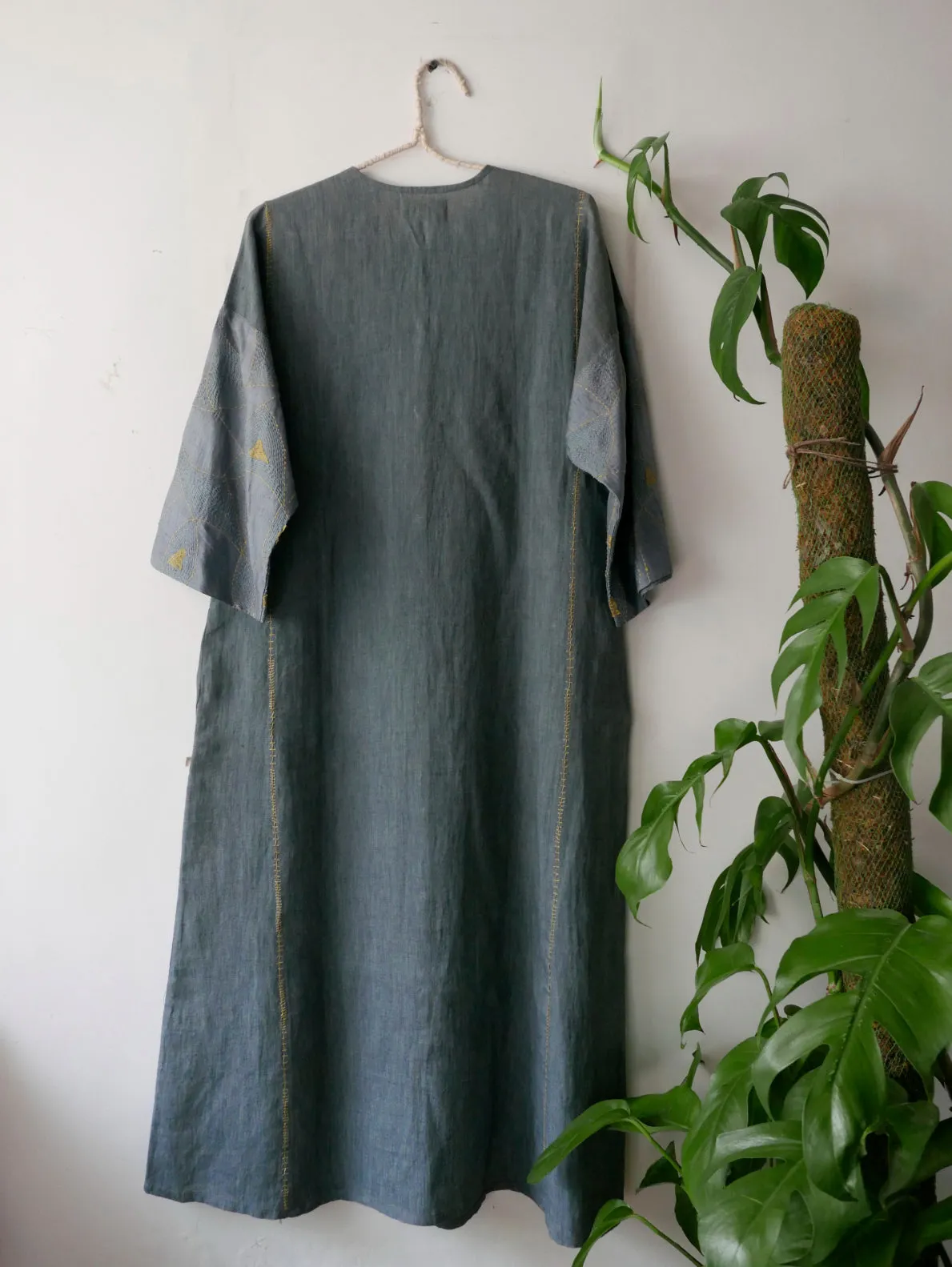 Linen Button Down Kurta w/ Silk Embroidered Sleeves