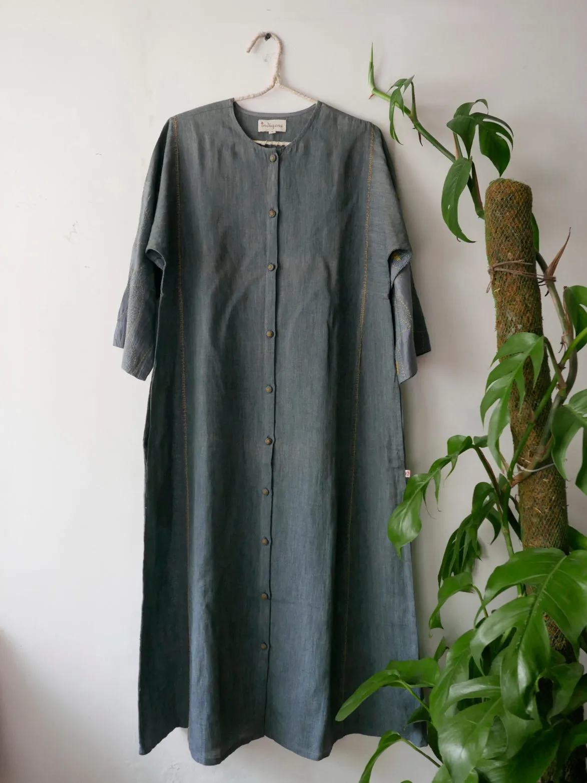 Linen Button Down Kurta w/ Silk Embroidered Sleeves