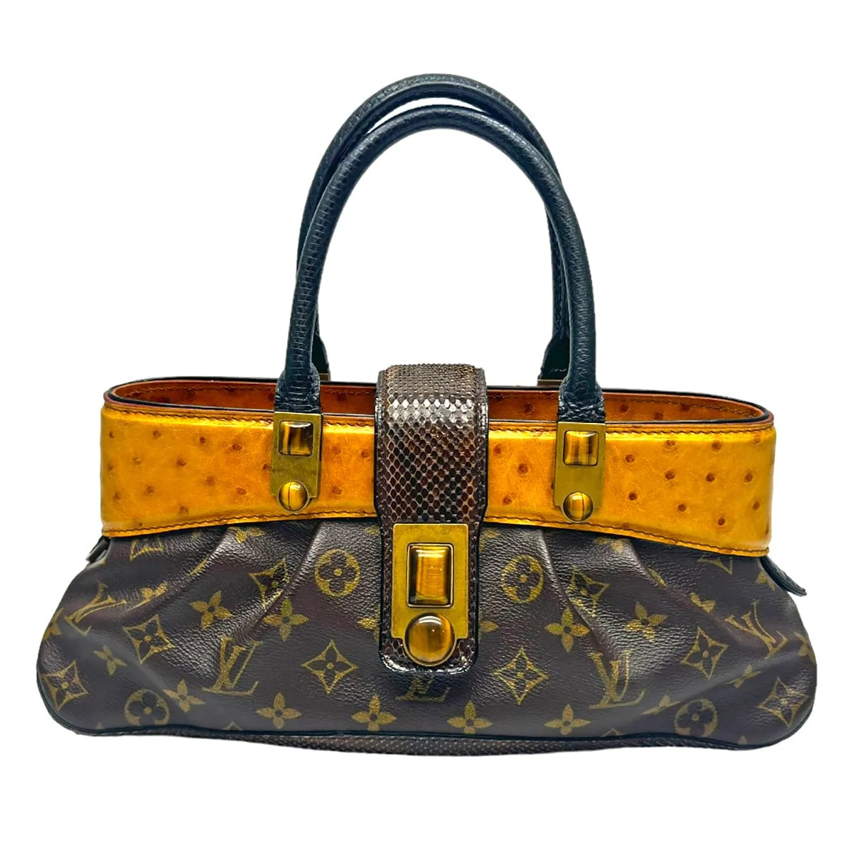 LOUIS VUITTON Monogram Ostrich & Snake-Trimmed Macha Waltz Handle Bag - Brown