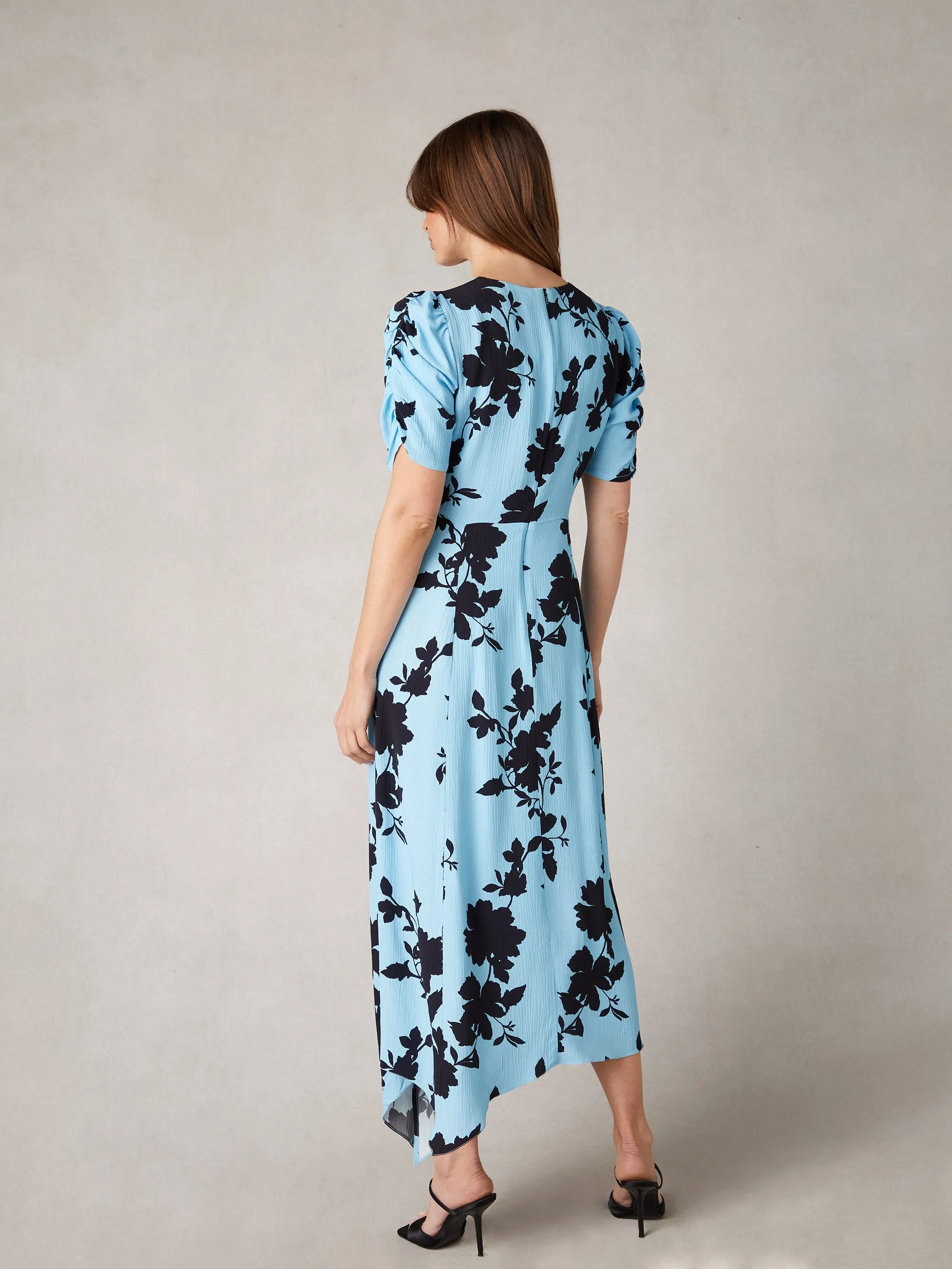 Luna Blue Shadow Floral Print Midi Dress