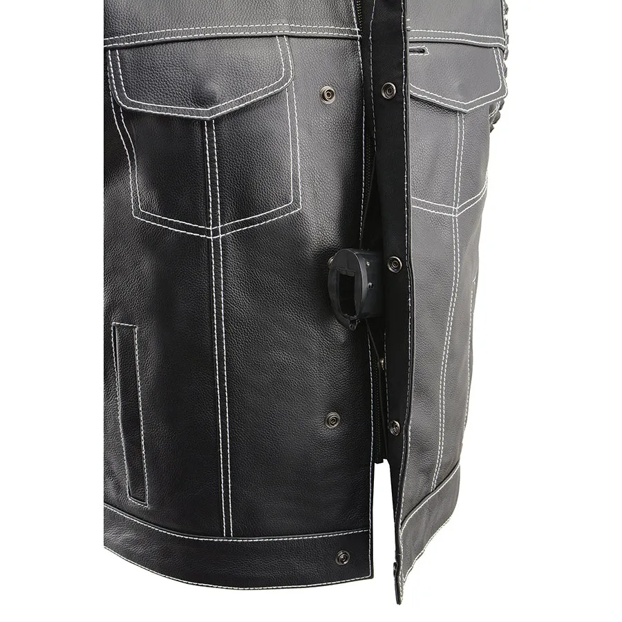 Men’s Club Style Leather Vest with White Stitching & Laced Arm Holes