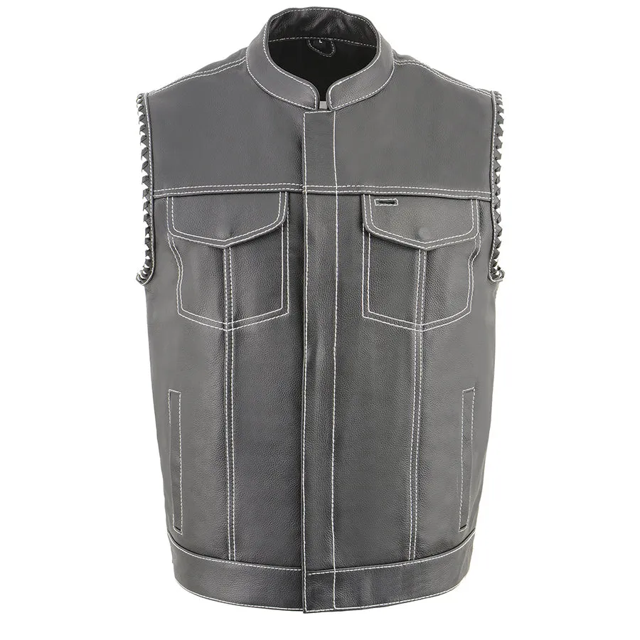 Men’s Club Style Leather Vest with White Stitching & Laced Arm Holes